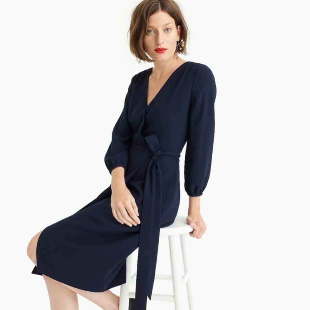 J. CREW Navy Blue Balloon Sleeve Drapey Career Wrap Dress Size 2